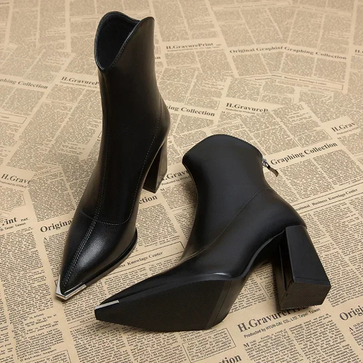 Mette | Women's Leather Block Heel Pointed Toe Ankle Boots