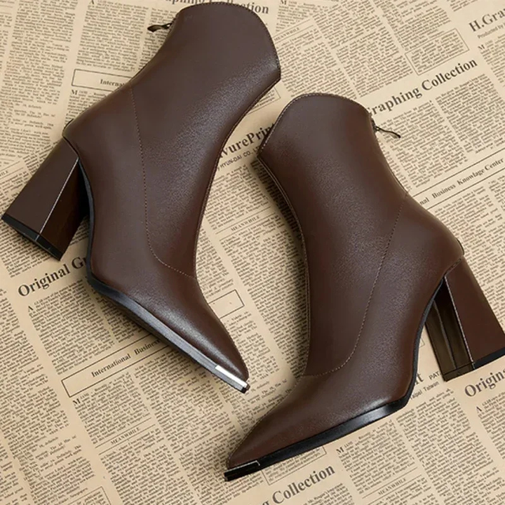 Mette | Women's Leather Block Heel Pointed Toe Ankle Boots