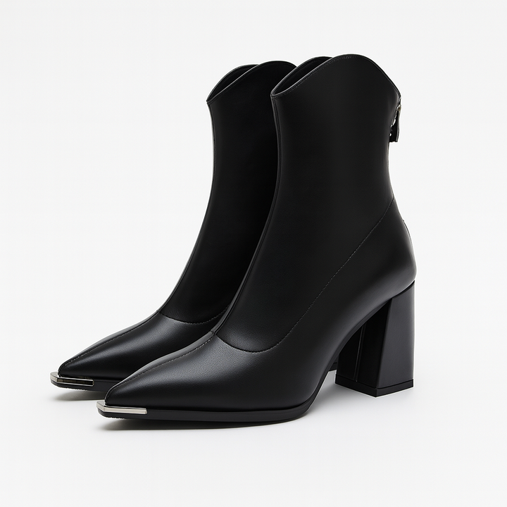 Mette | Women's Leather Block Heel Pointed Toe Ankle Boots
