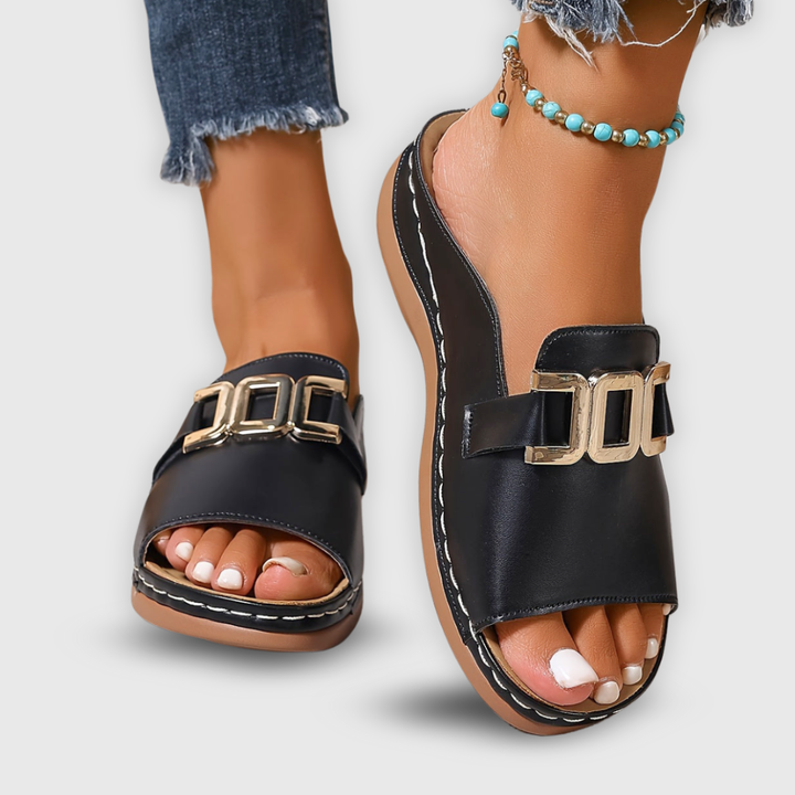 Mette | Women's Leather Gold Buckle Flat Slide Sandals