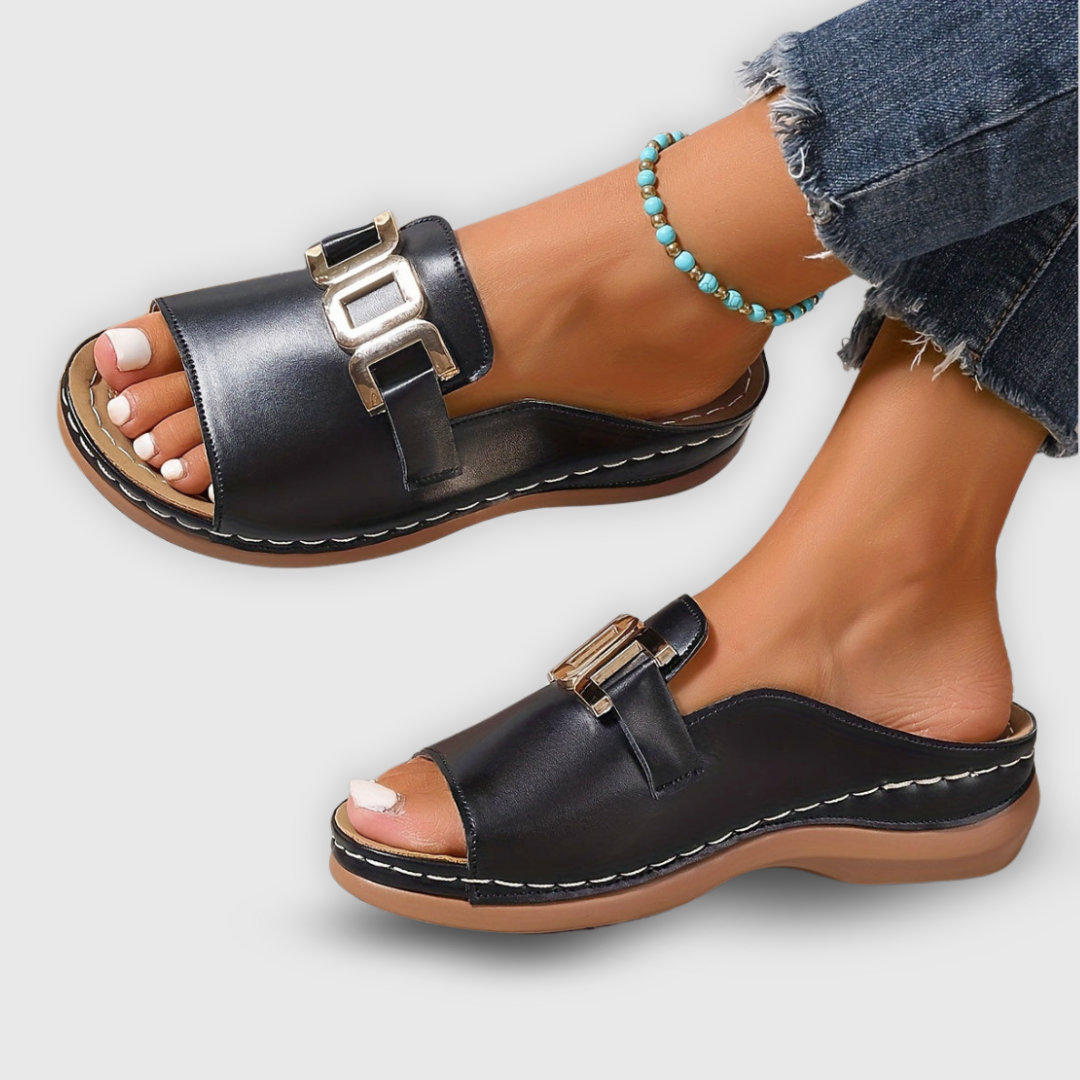Mette | Women's Leather Gold Buckle Flat Slide Sandals