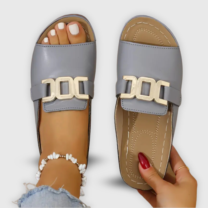 Mette | Women's Leather Gold Buckle Flat Slide Sandals