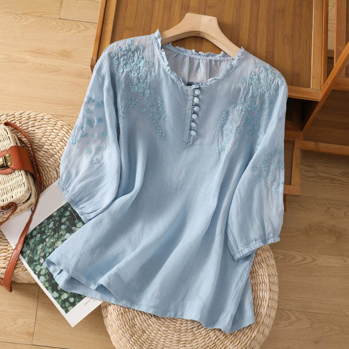 Mette | Women's Linen Floral Embroidered Puff Sleeve Blouse