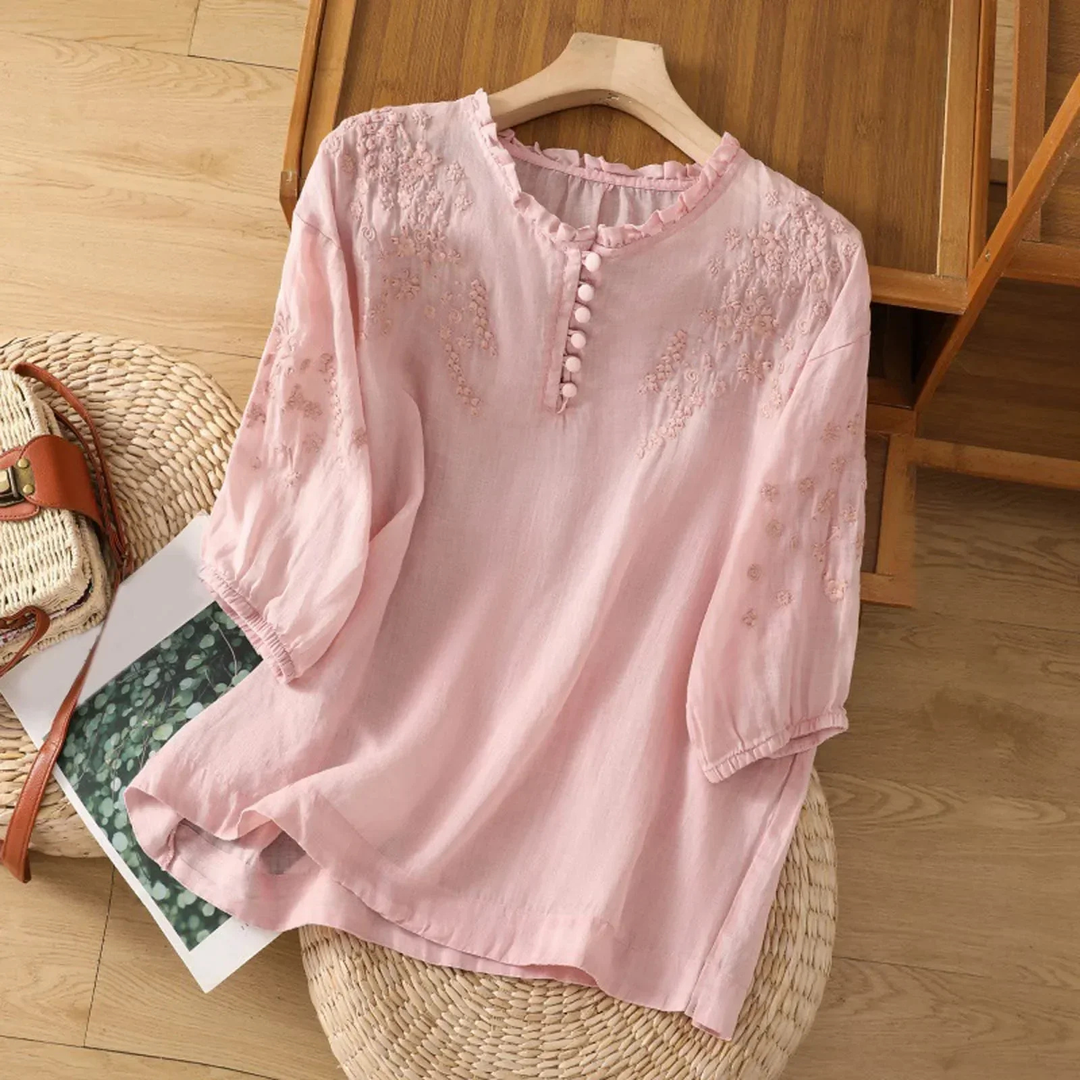 Mette | Women's Linen Floral Embroidered Puff Sleeve Blouse