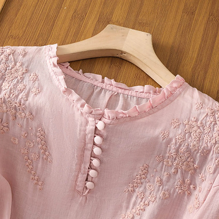 Mette | Women's Linen Floral Embroidered Puff Sleeve Blouse