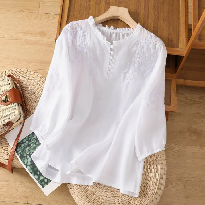 Mette | Women's Linen Floral Embroidered Puff Sleeve Blouse