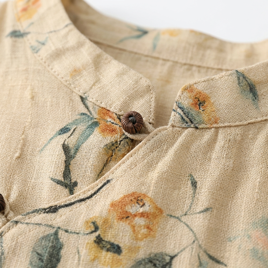 Mette | Women's Linen Floral Print Mandarin Collar Cap Sleeve Top