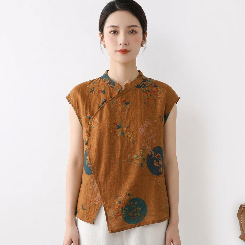 Mette | Women's Linen Floral Print Mandarin Collar Cap Sleeve Top