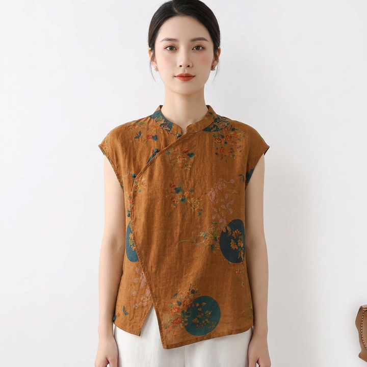 Mette | Women's Linen Floral Print Mandarin Collar Cap Sleeve Top