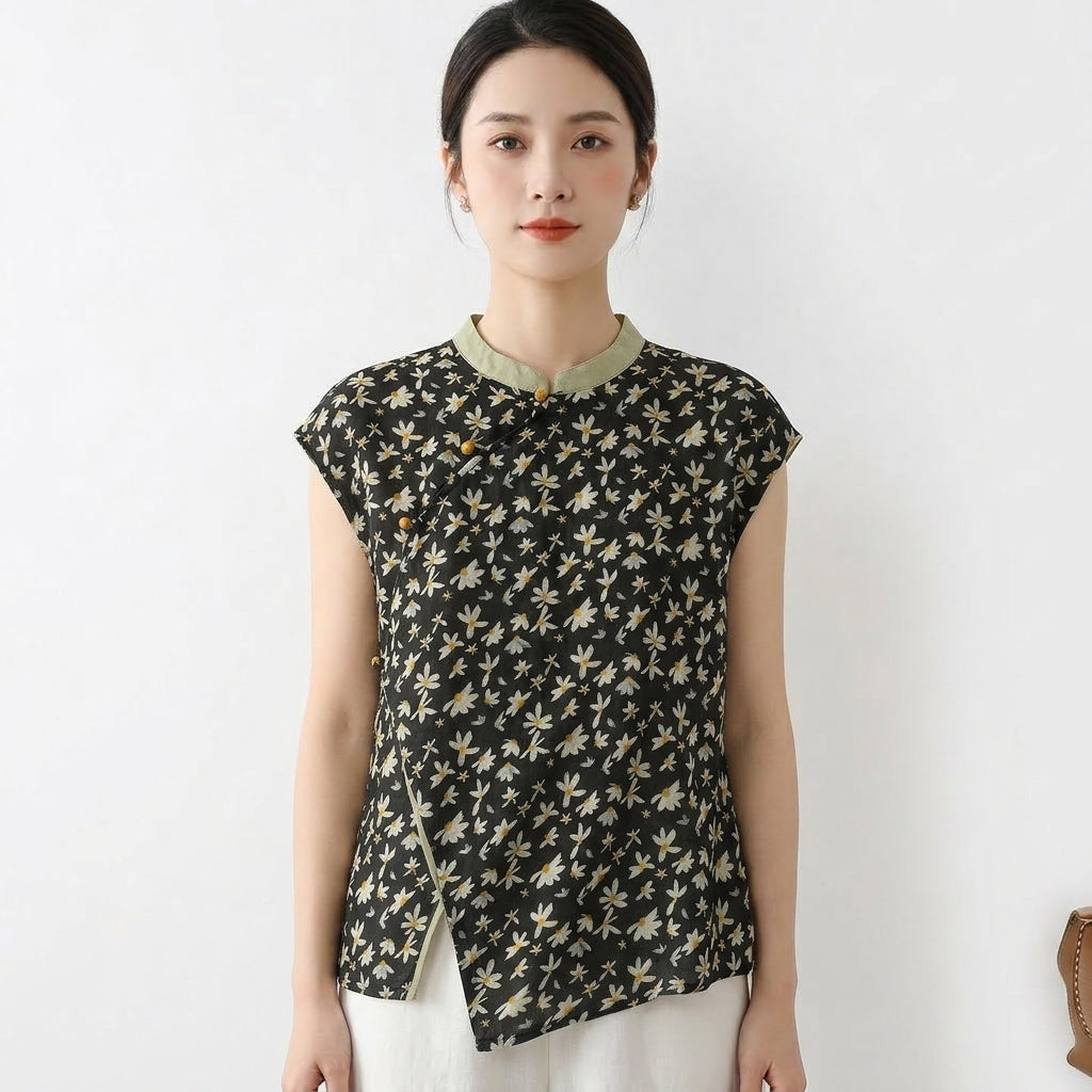 Mette | Women's Linen Floral Print Mandarin Collar Cap Sleeve Top