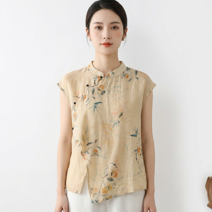 Mette | Women's Linen Floral Print Mandarin Collar Cap Sleeve Top