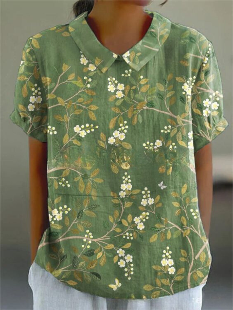 Mette | Women's Linen Floral Vine Peter Pan Collar Blouse