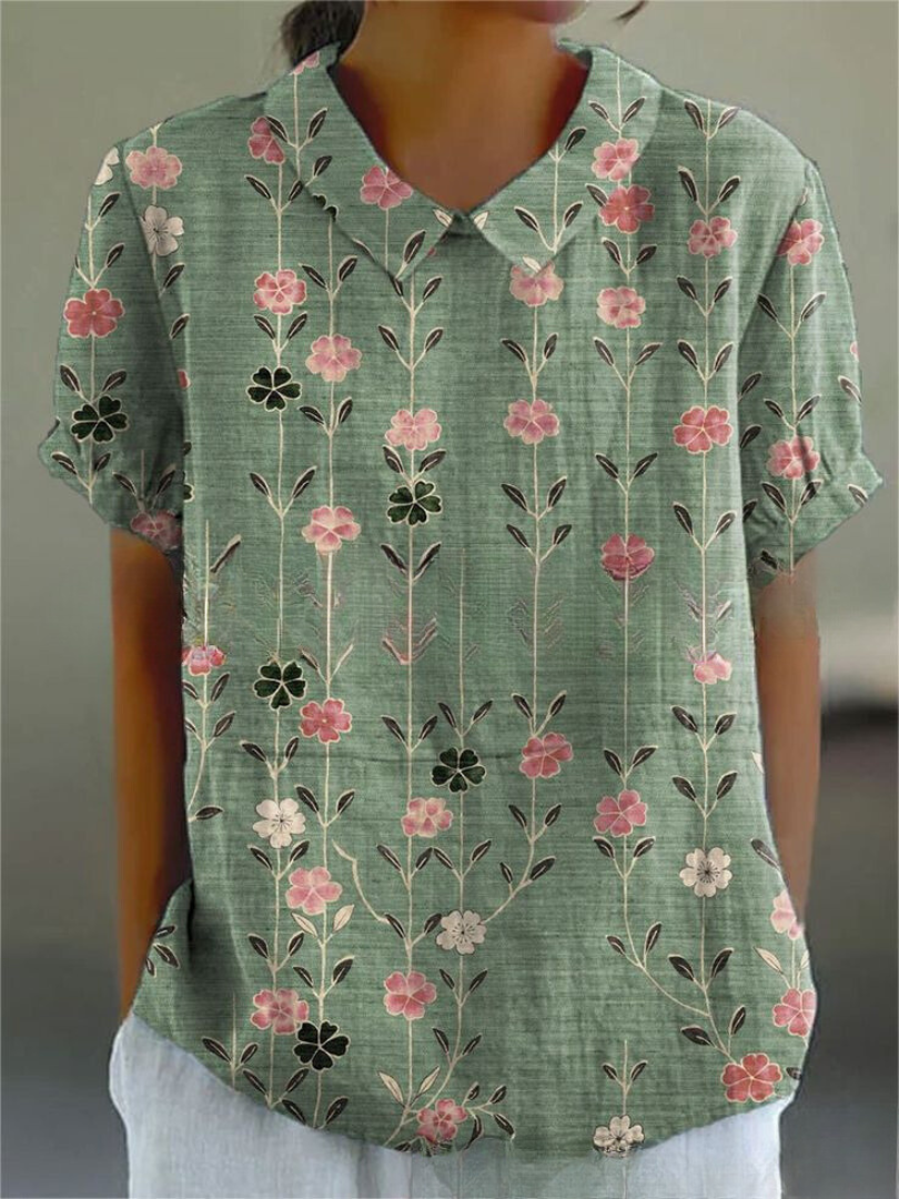 Mette | Women's Linen Floral Vine Peter Pan Collar Blouse