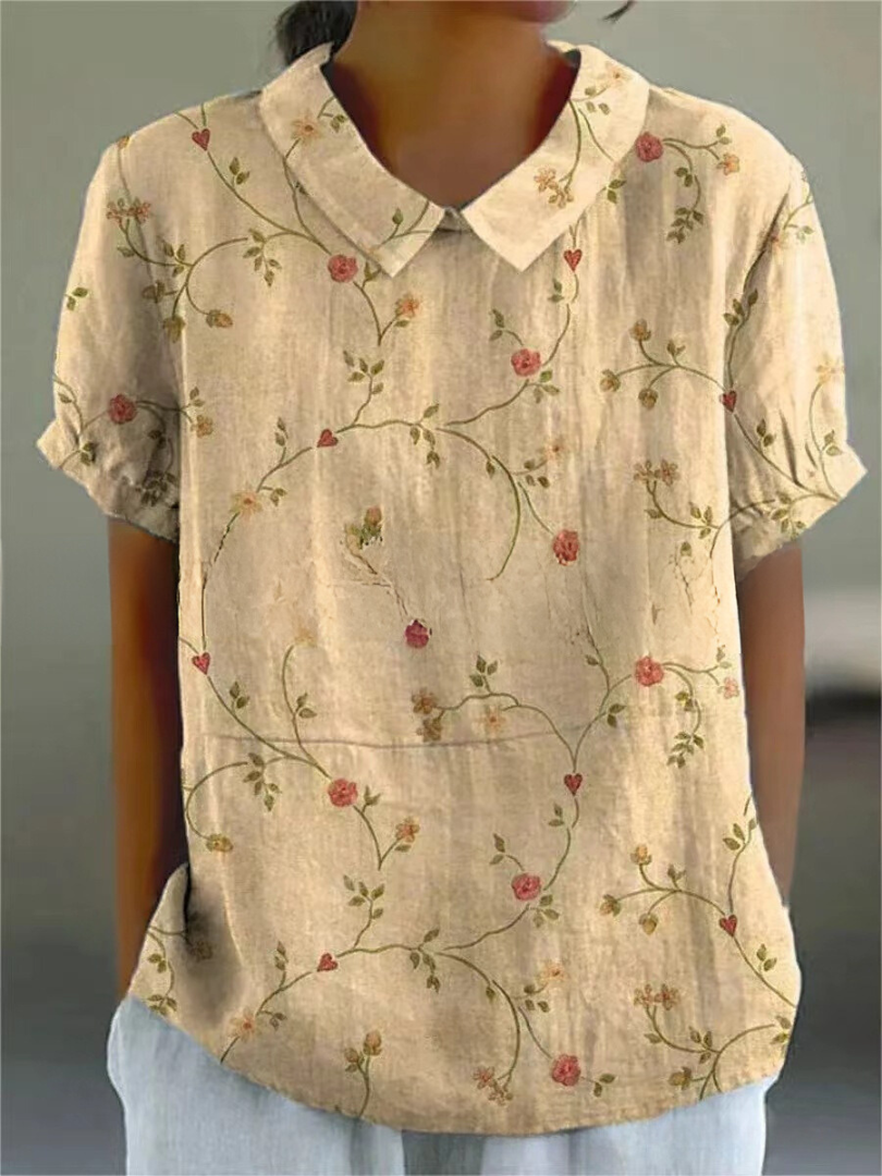 Mette | Women's Linen Floral Vine Peter Pan Collar Blouse