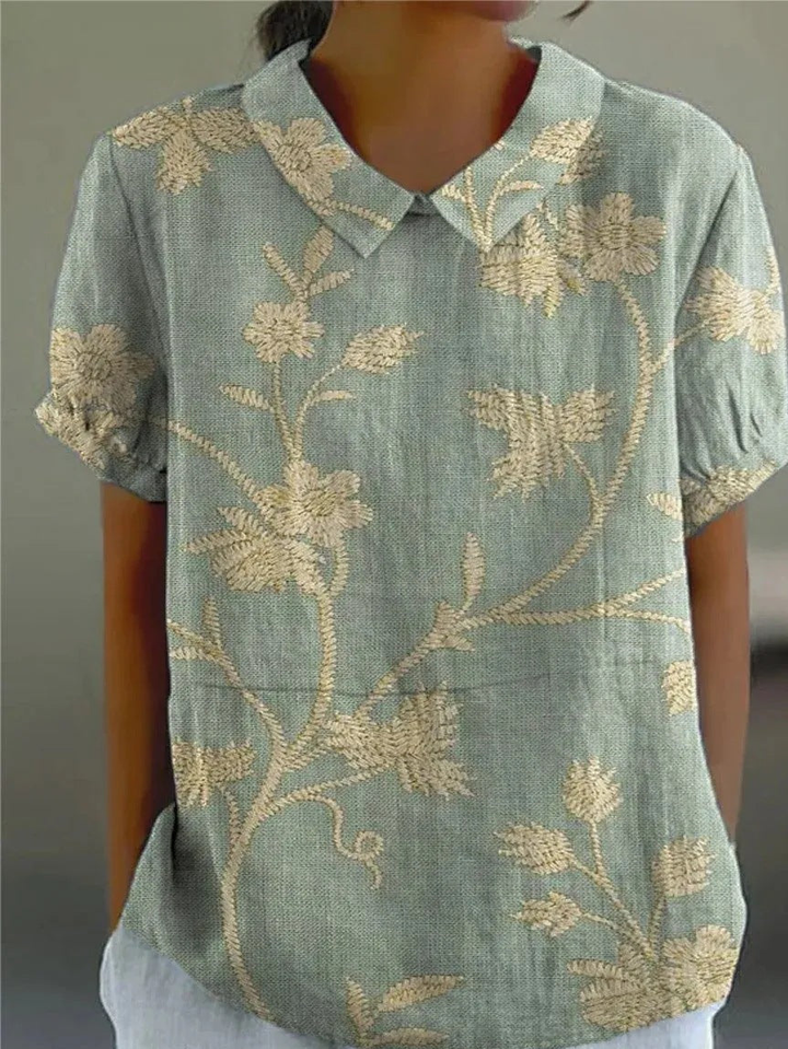 Mette | Women's Linen Floral Vine Peter Pan Collar Blouse