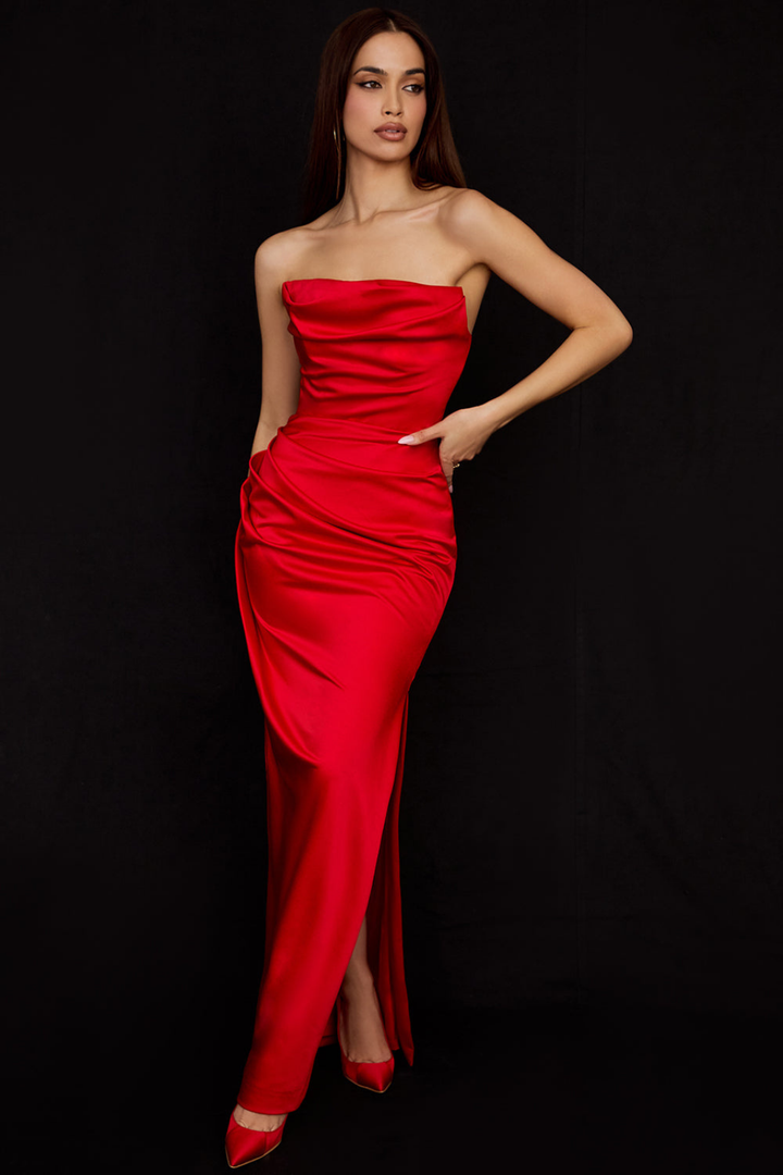 Noir | Women's Satin Strapless Side Slit Maxi Cocktail Dress