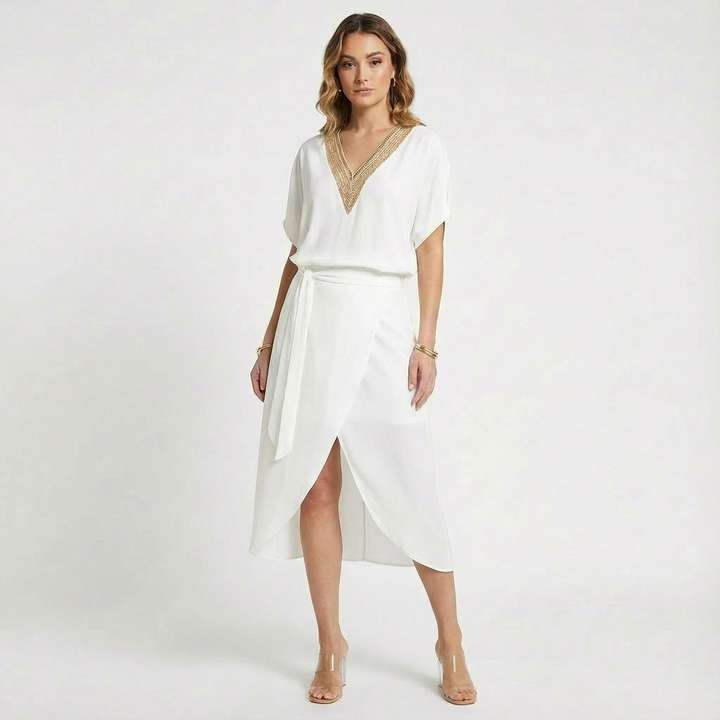 Nyla | Women White Dress With Front Slit | Midi