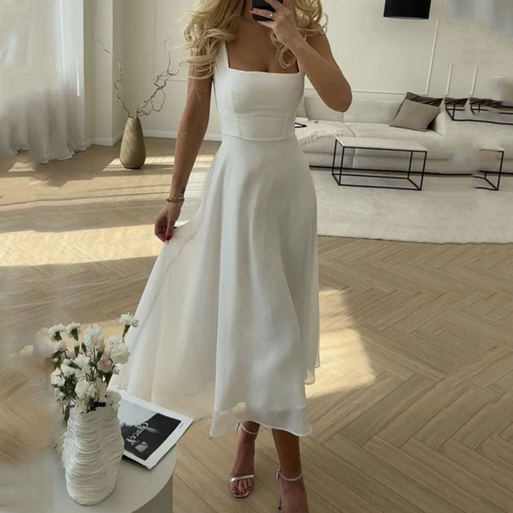 Odette | Women's Chiffon Square Neck Midi Wedding Guest Dress