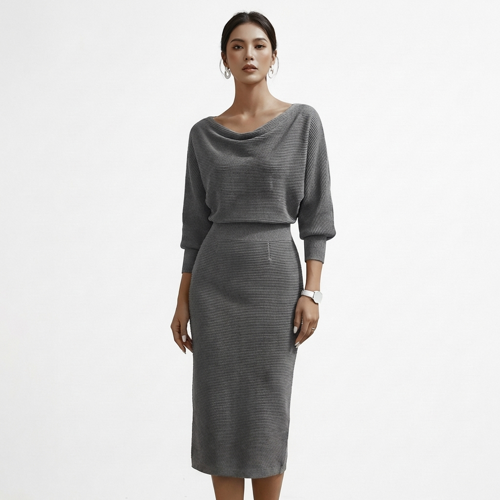 Priya | Women's Knit Ribbed Cowl Neck Midi Dress