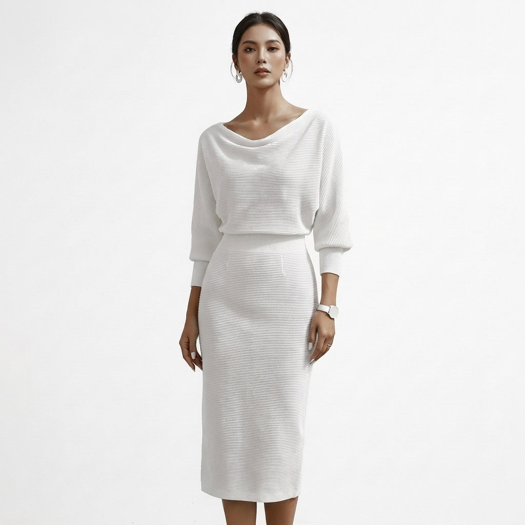 Priya | Women's Knit Ribbed Cowl Neck Midi Dress