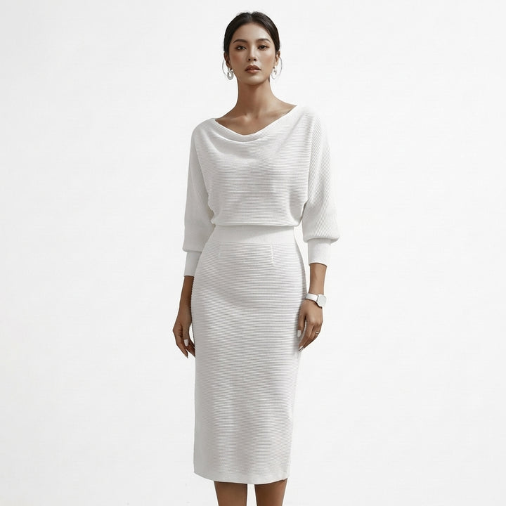 Priya | Women's Knit Ribbed Cowl Neck Midi Dress