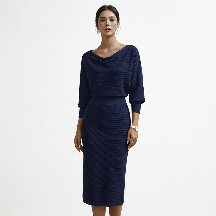 Priya | Women's Knit Ribbed Cowl Neck Midi Dress