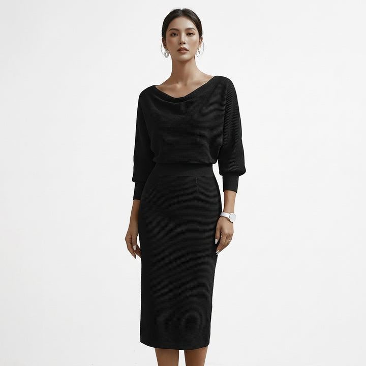 Priya | Women's Knit Ribbed Cowl Neck Midi Dress