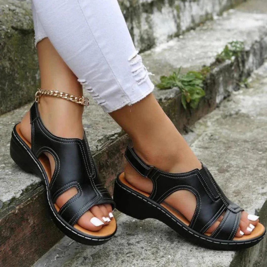 Priya | Women's Leather Cut-Out Low Wedge Open Toe Sandals