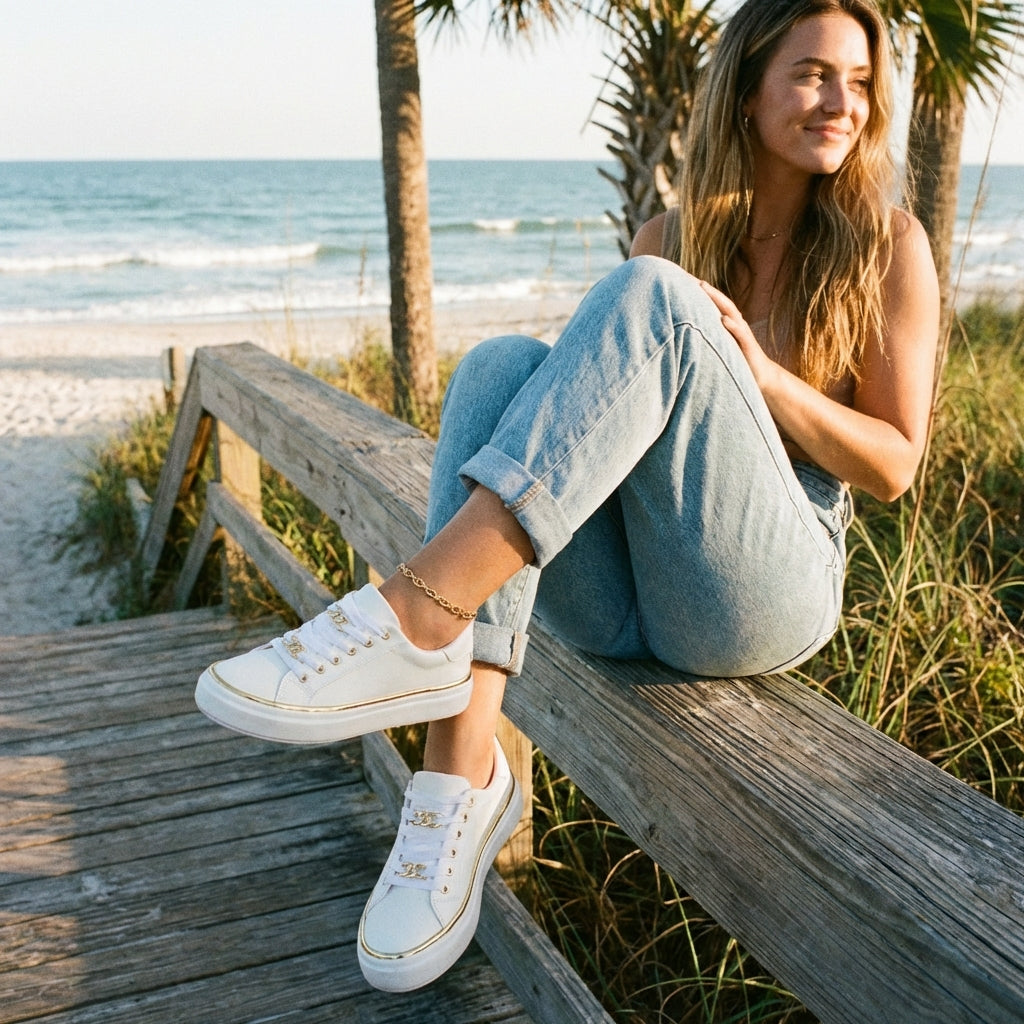Priya | Women's Leather Gold Chain Detail Platform Trainers