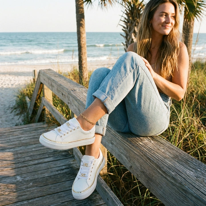 Priya | Women's Leather Gold Chain Detail Platform Trainers