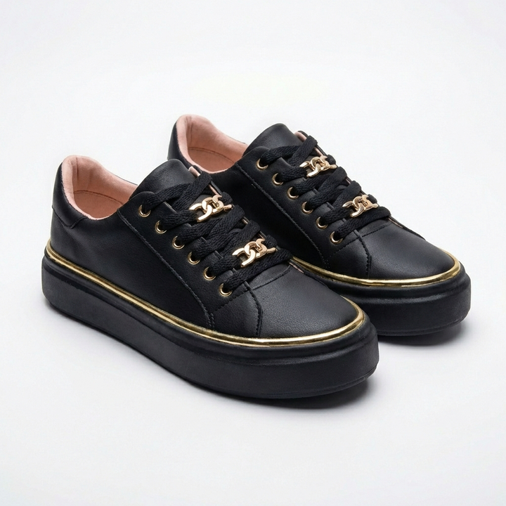 Priya | Women's Leather Gold Chain Detail Platform Trainers