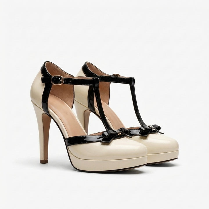Priya | Women's Leather Two-Tone T-Bar Platform Stiletto Heels