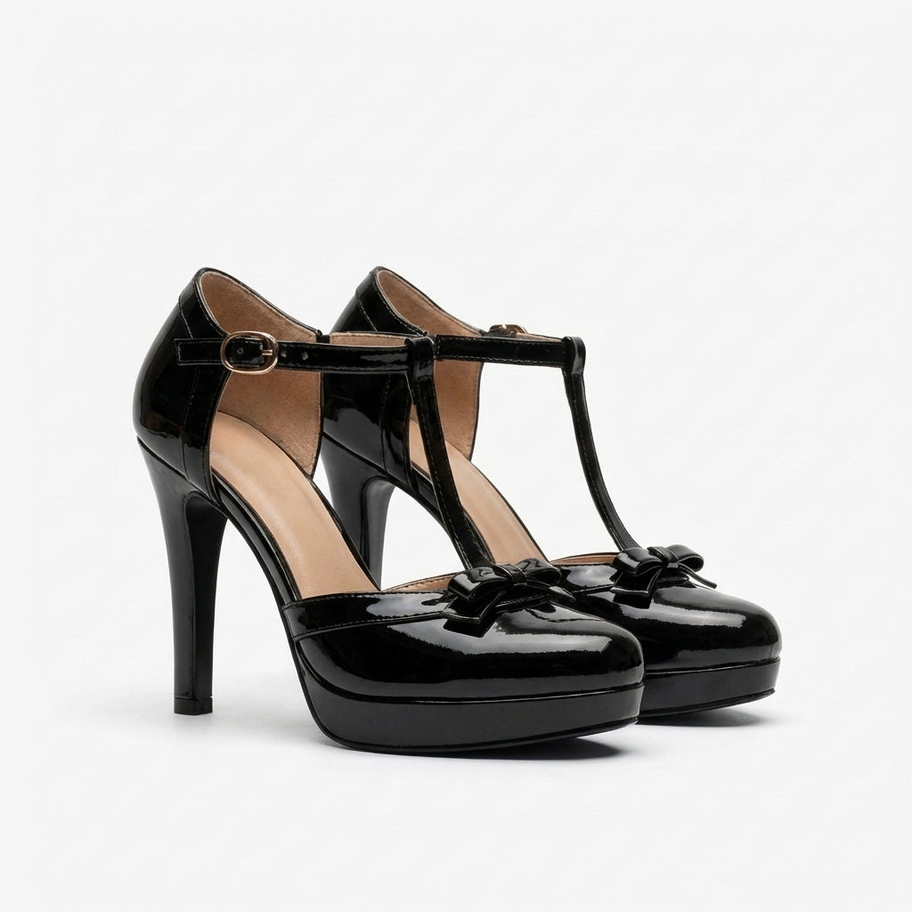 Priya | Women's Leather Two-Tone T-Bar Platform Stiletto Heels