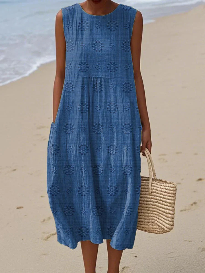 Priya | Women's Linen Embroidered Sleeveless Midi Dress