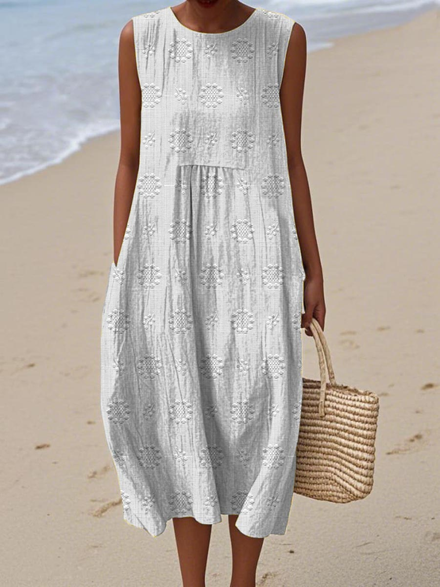 Priya | Women's Linen Embroidered Sleeveless Midi Dress