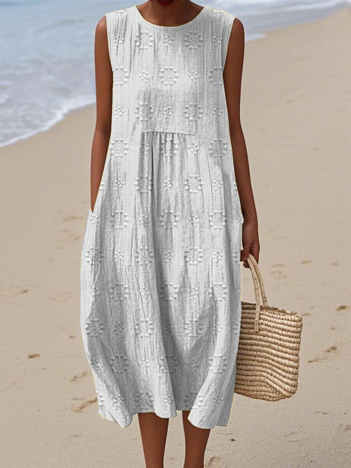 Priya | Women's Linen Embroidered Sleeveless Midi Dress