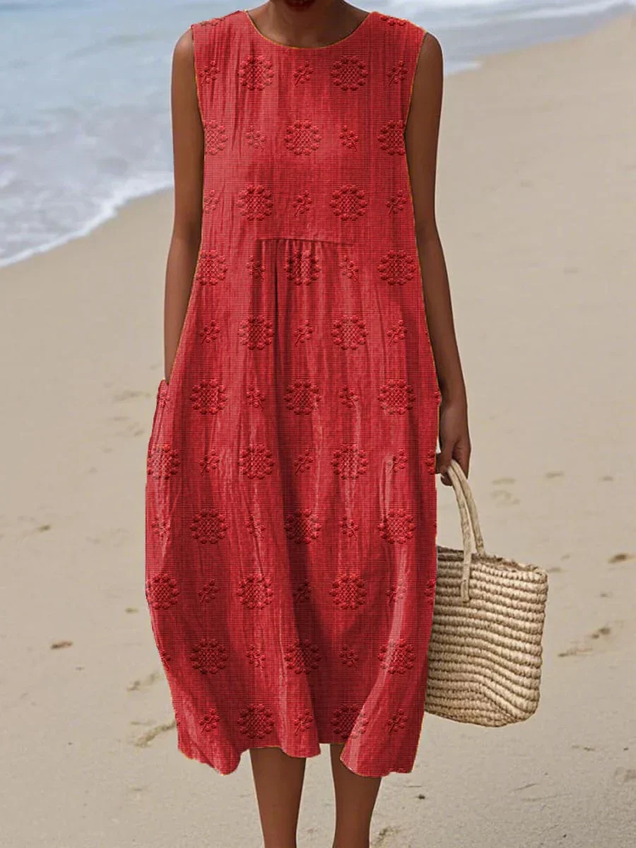 Priya | Women's Linen Embroidered Sleeveless Midi Dress