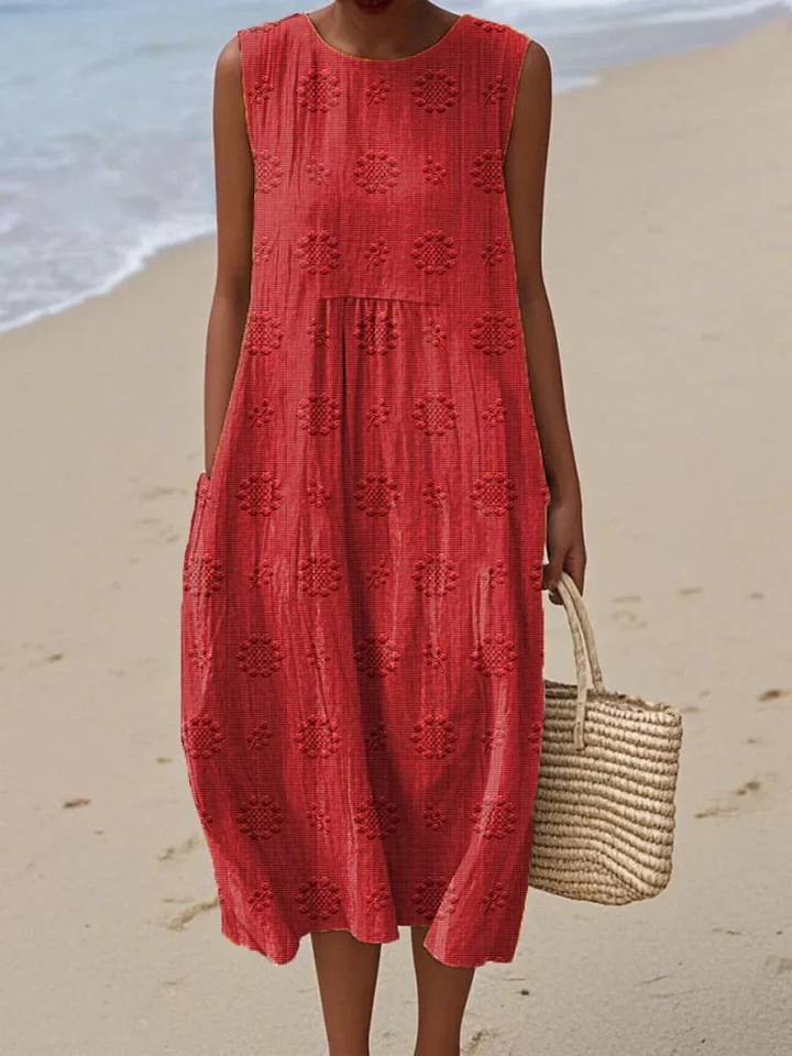 Priya | Women's Linen Embroidered Sleeveless Midi Dress