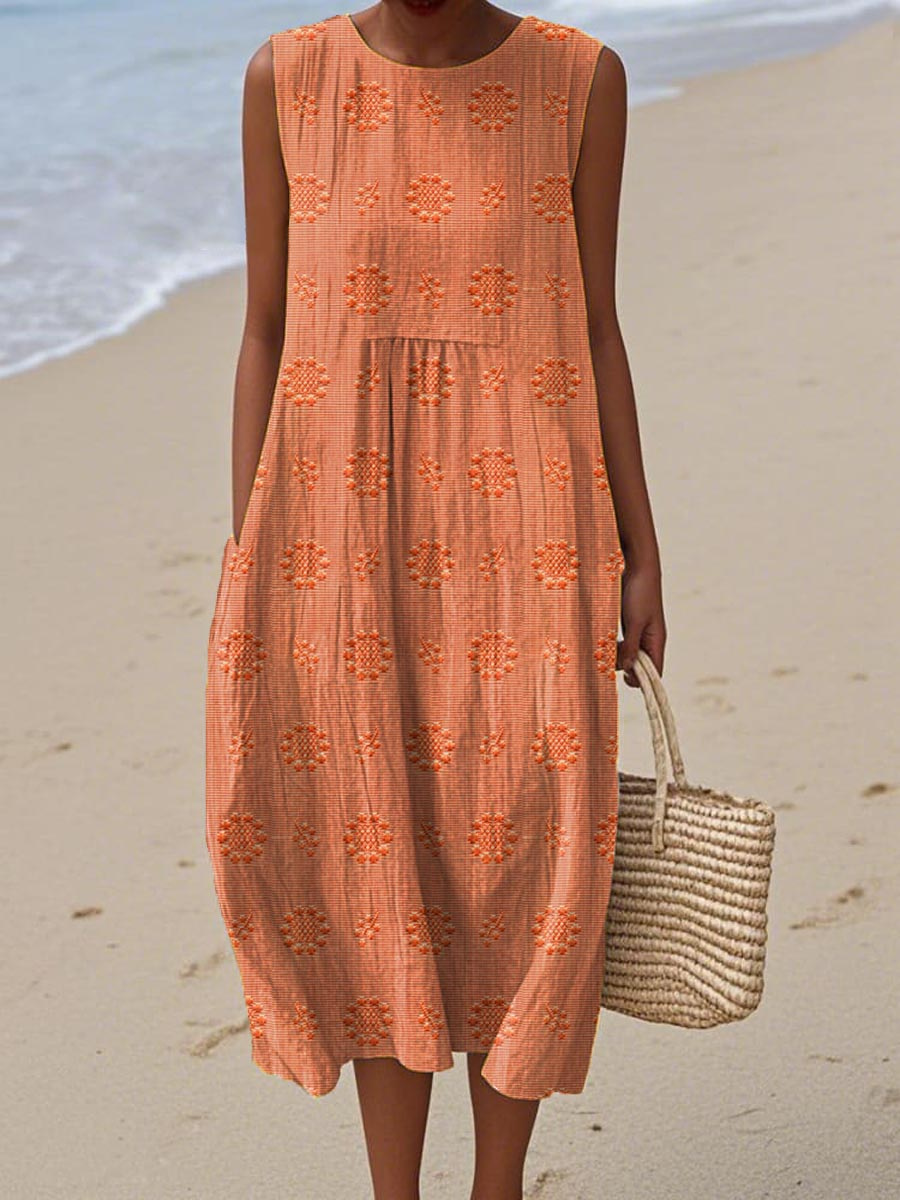 Priya | Women's Linen Embroidered Sleeveless Midi Dress