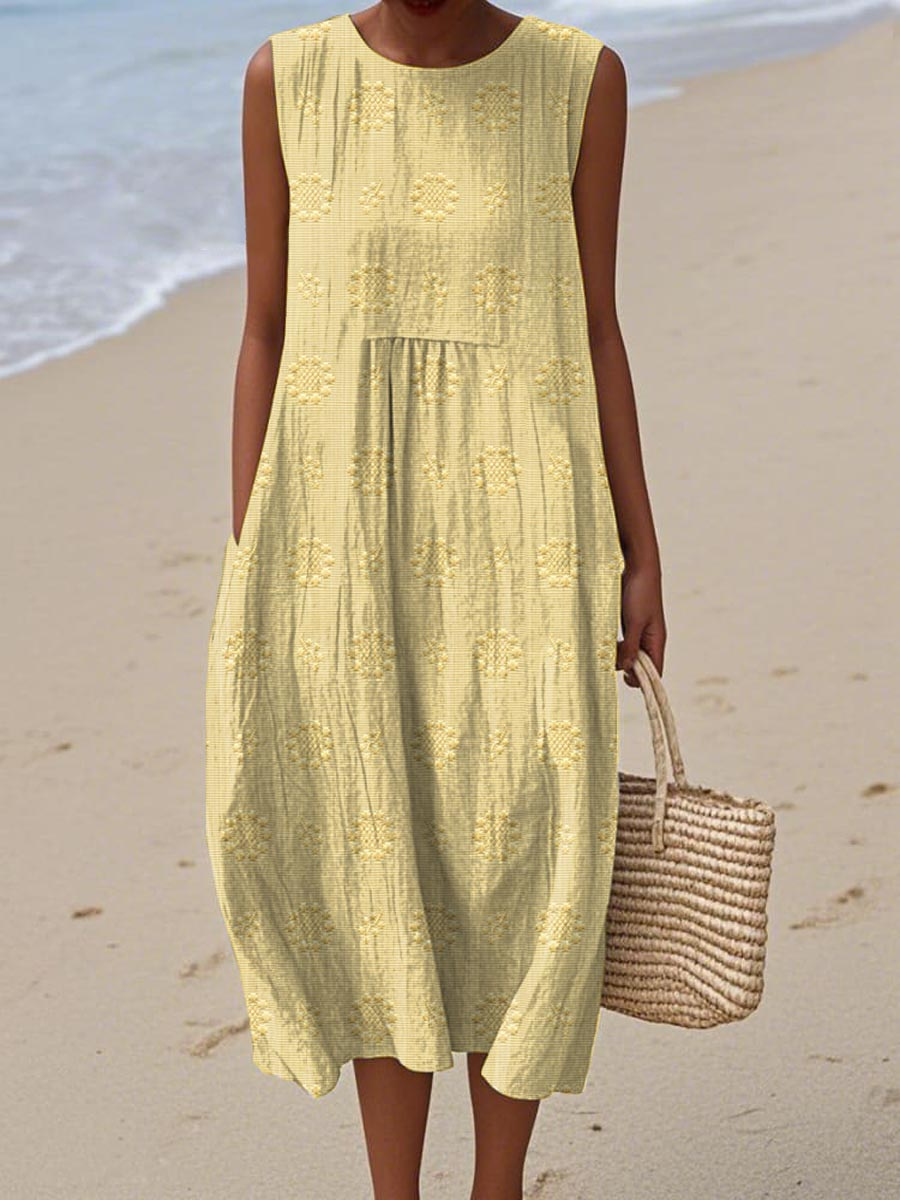 Priya | Women's Linen Embroidered Sleeveless Midi Dress