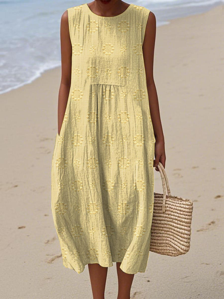 Priya | Women's Linen Embroidered Sleeveless Midi Dress