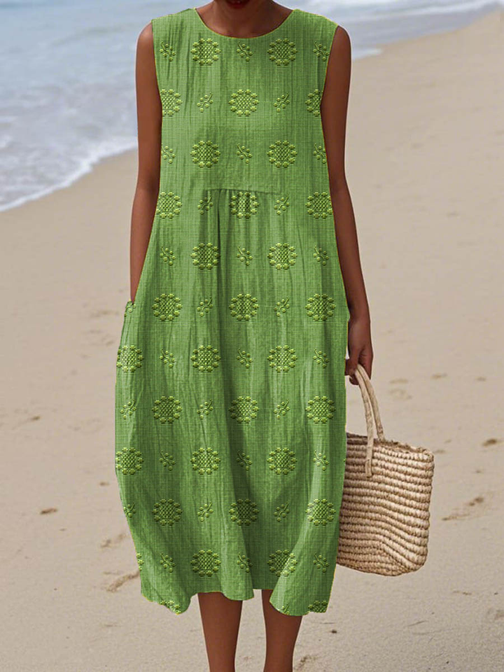 Priya | Women's Linen Embroidered Sleeveless Midi Dress