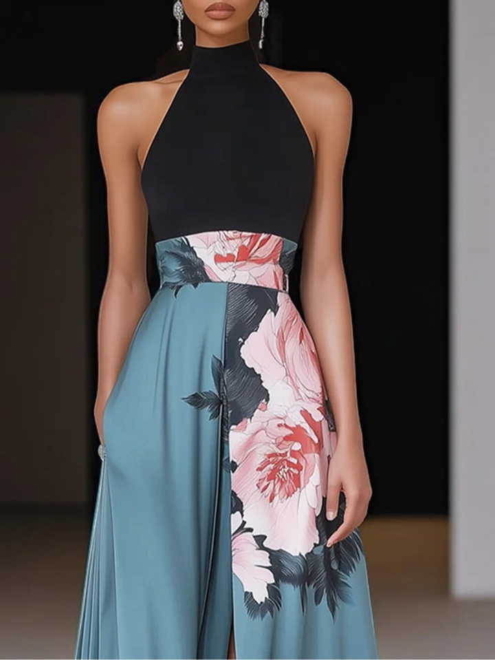 Priya | Women's Satin Floral Print Halter Neck Maxi Dress Elegant