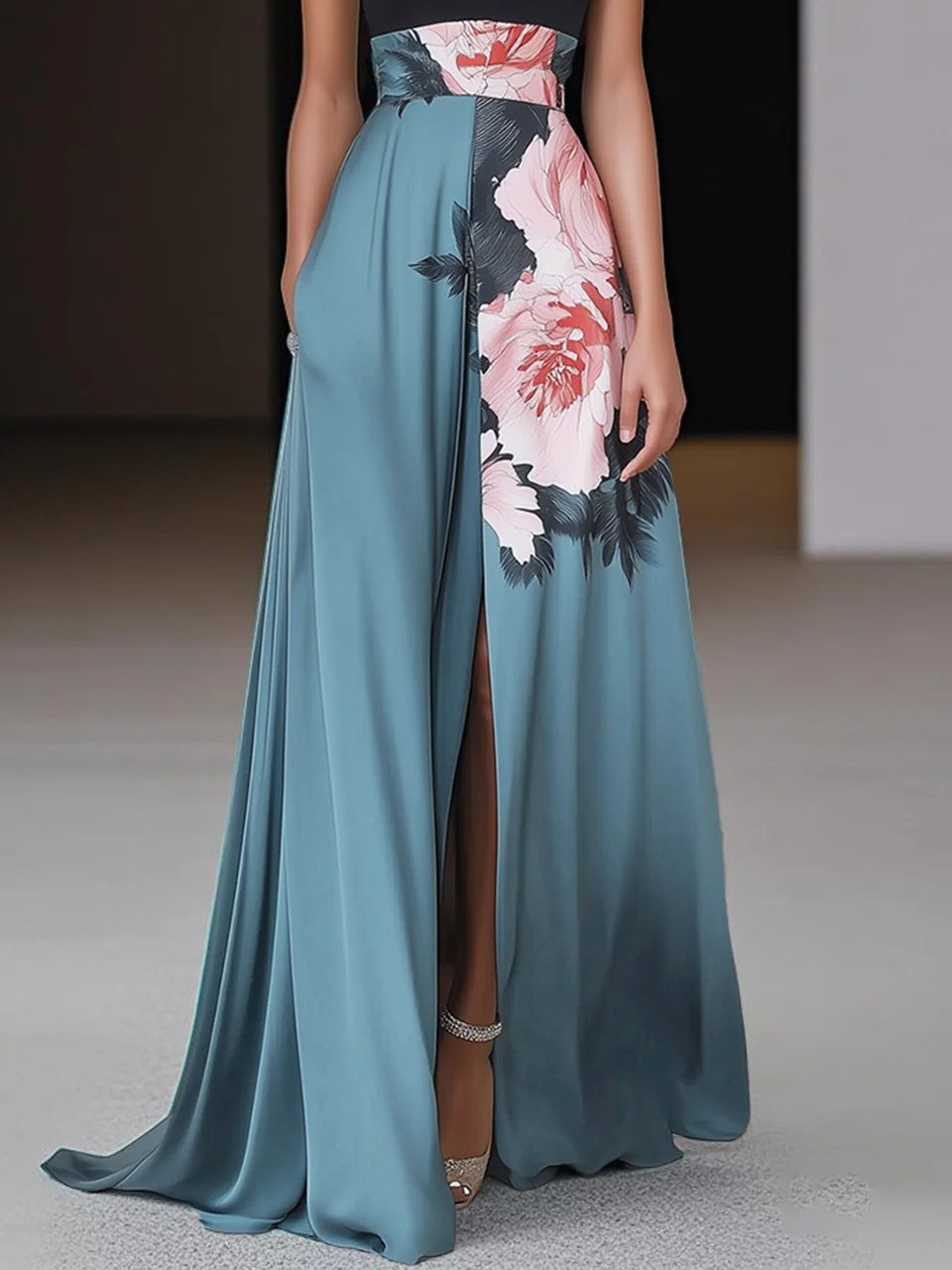 Priya | Women's Satin Floral Print Halter Neck Maxi Dress Elegant