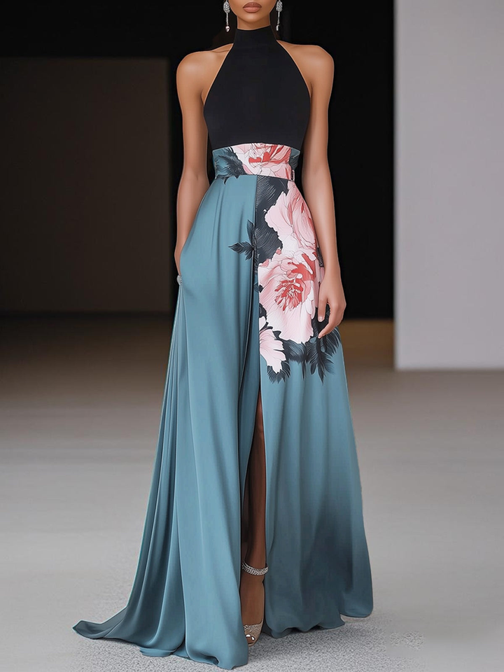 Priya | Women's Satin Floral Print Halter Neck Maxi Dress Elegant