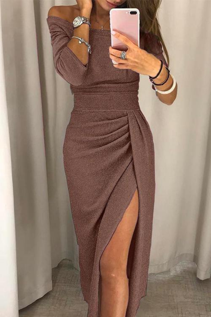Raven | Women's Stretch Off-Shoulder Side Slit Midi Cocktail Dress