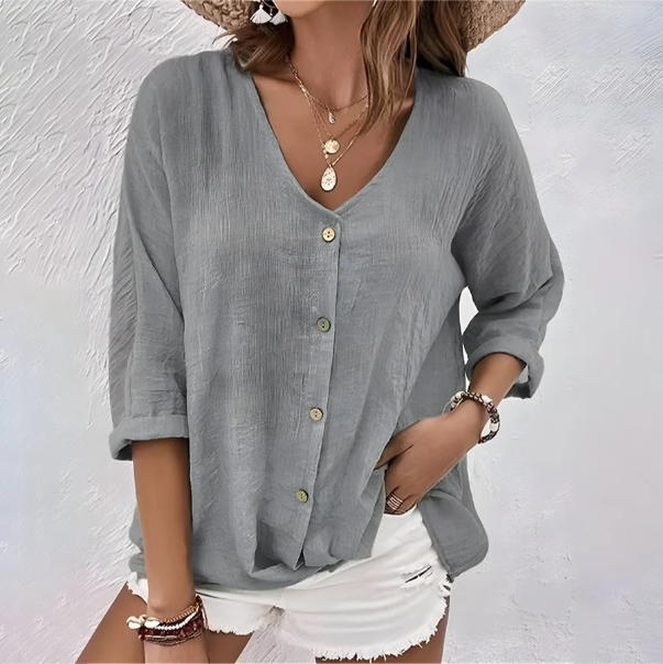 Remi | Women's Cotton Gauze V-Neck Button-Down Blouse