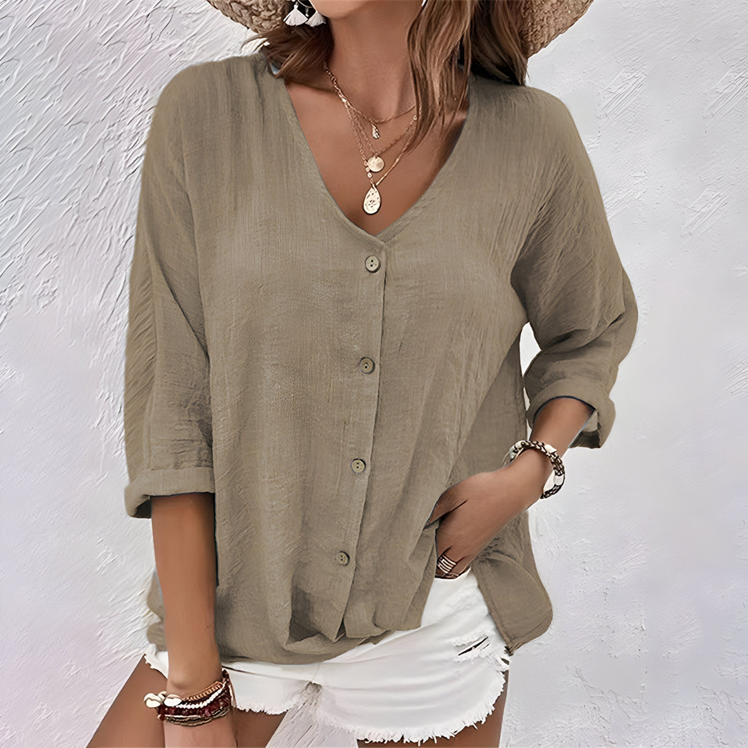 Remi | Women's Cotton Gauze V-Neck Button-Down Blouse
