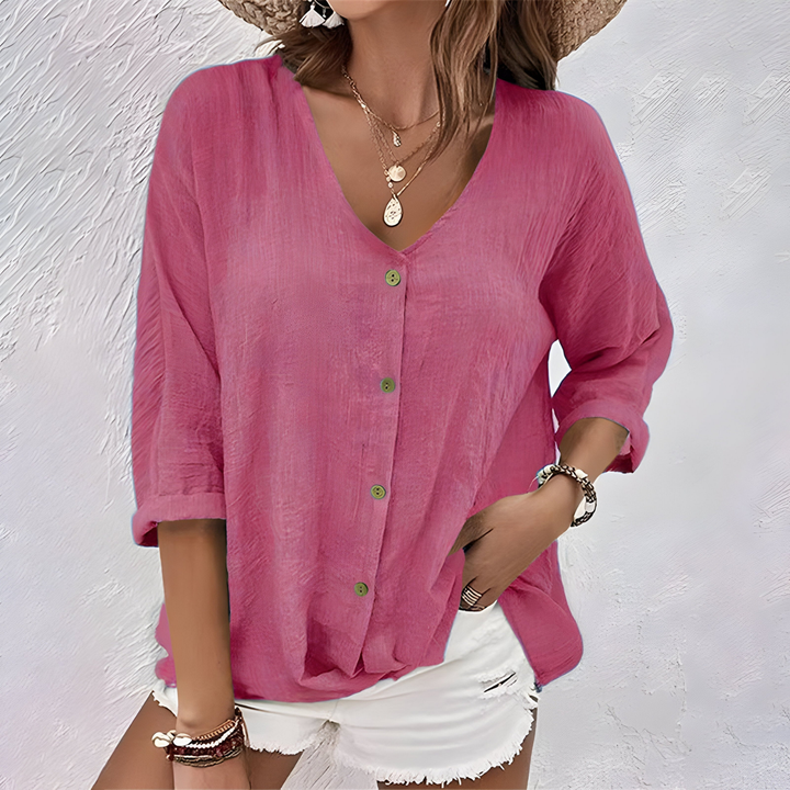 Remi | Women's Cotton Gauze V-Neck Button-Down Blouse