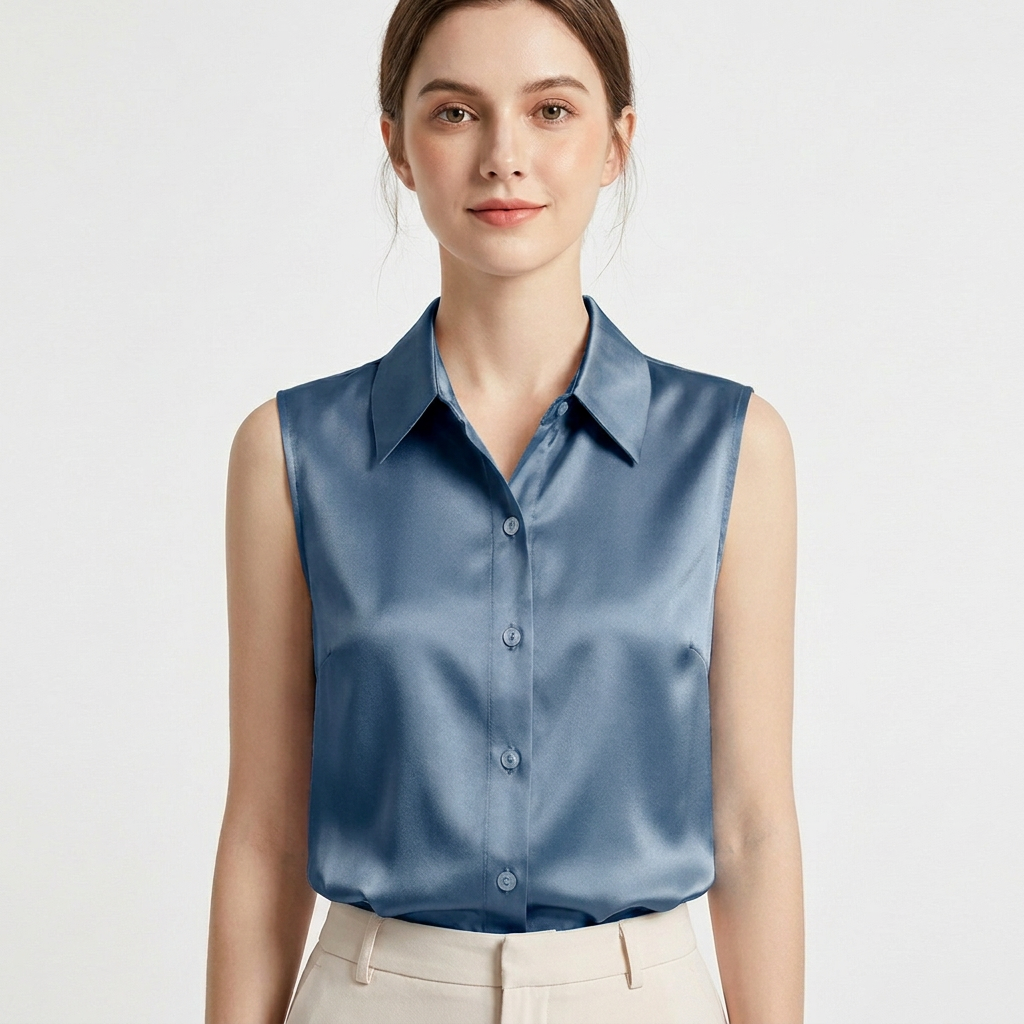 Remi | Women's Satin Collared Sleeveless Button-Down Blouse